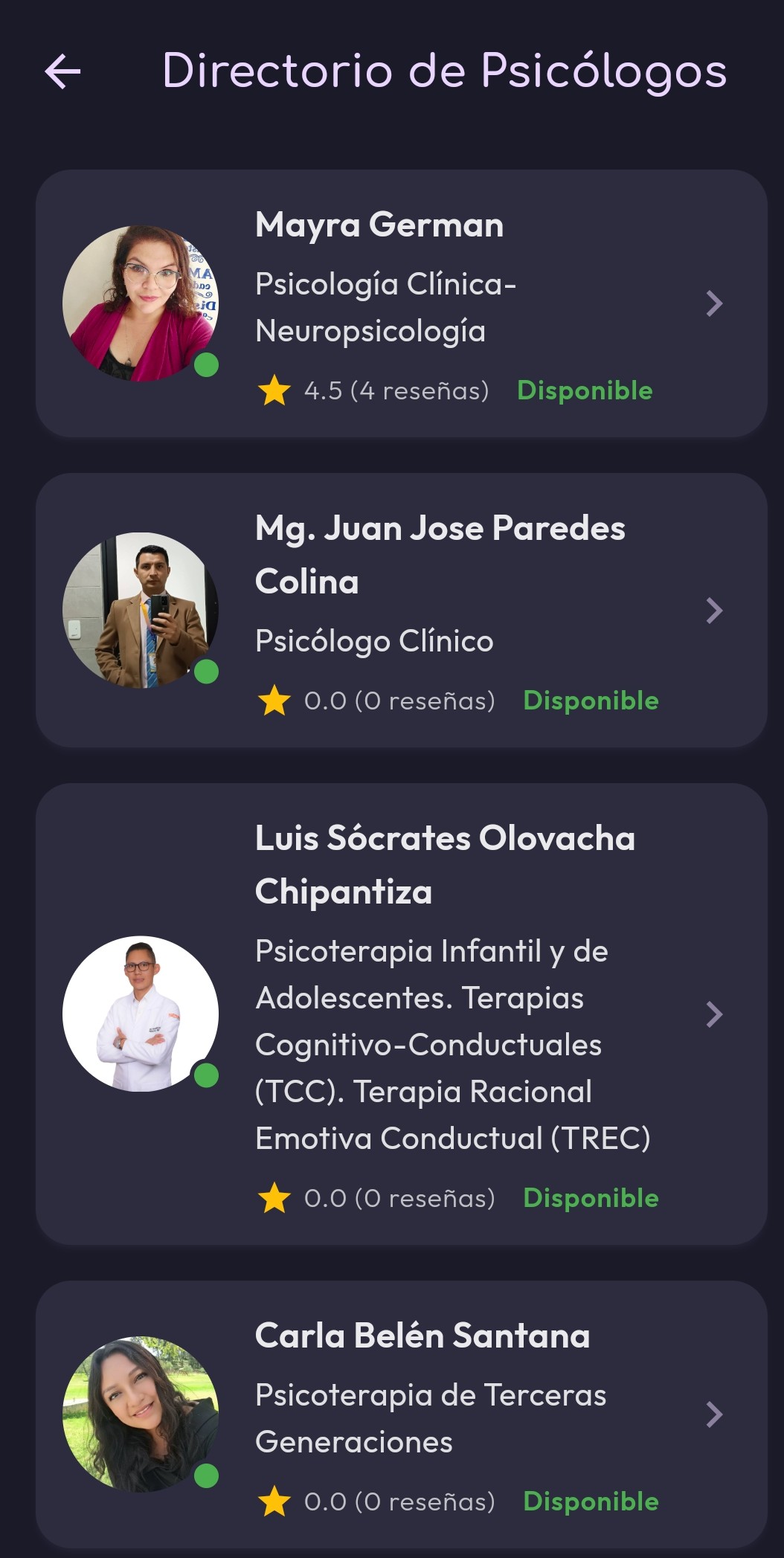 Pantalla Profesionales